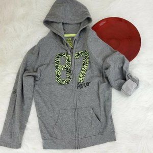 Aero | Womens Zip Front Hoodie Sweatshirt Gray Neon Roll Tab Sleeve Lace 87